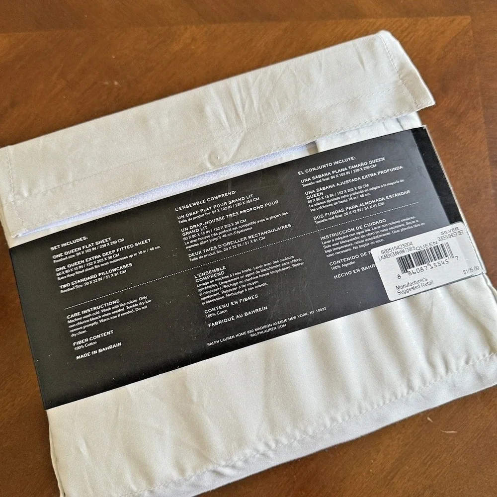 NEW Ralph Lauren Queen 4Pc Dunham Sateen Sheet Set Silver 300 TC 100% Cotton